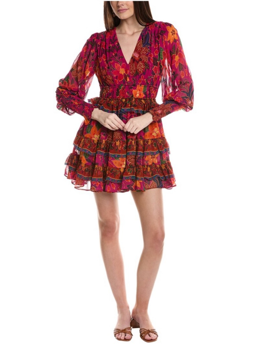 Farm Rio Tropical Tapestry Tiered Puff-Sleeve Mini Dress